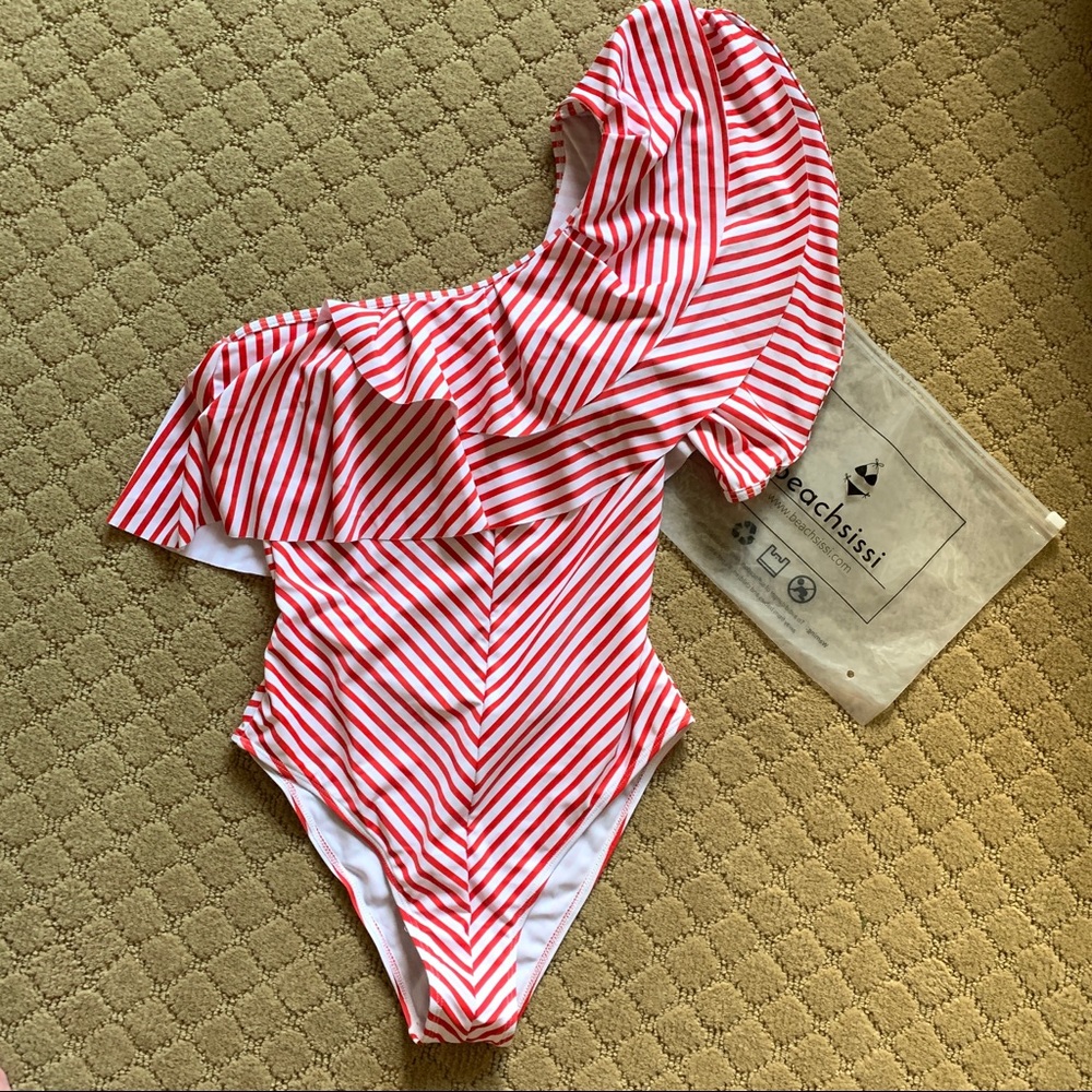 New Beachsissi Striped One Shoulder Swimsuit, sz M